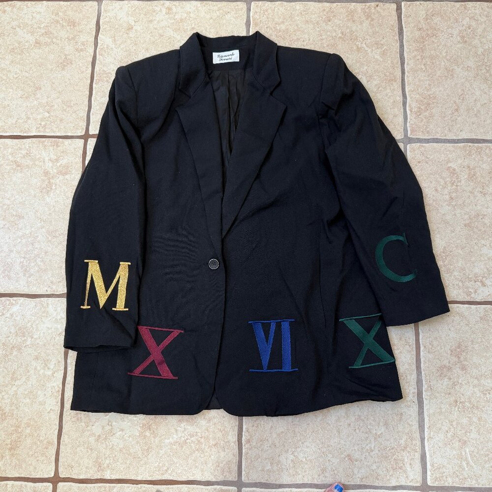 Vintage Giancarlo Ferrari Black Blazer w/Embroidered Roman Numerals (XL)